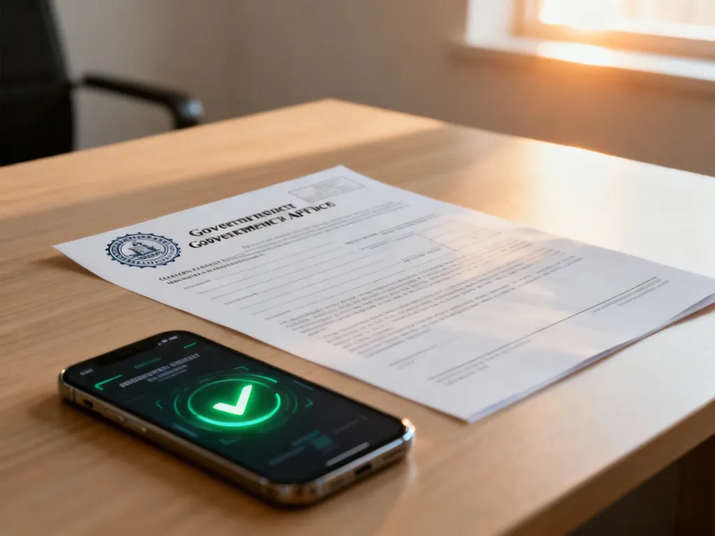 Smartfon z zielonym symbolem weryfikacji obok dokumentów urzędowych, symbolizujący bezpieczne potwierdzenie tożsamości.